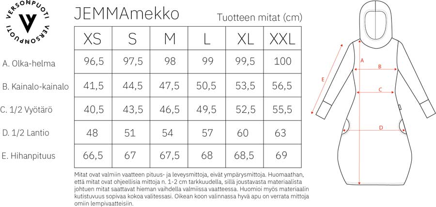 Jemma-mekko naiset mittataulukko