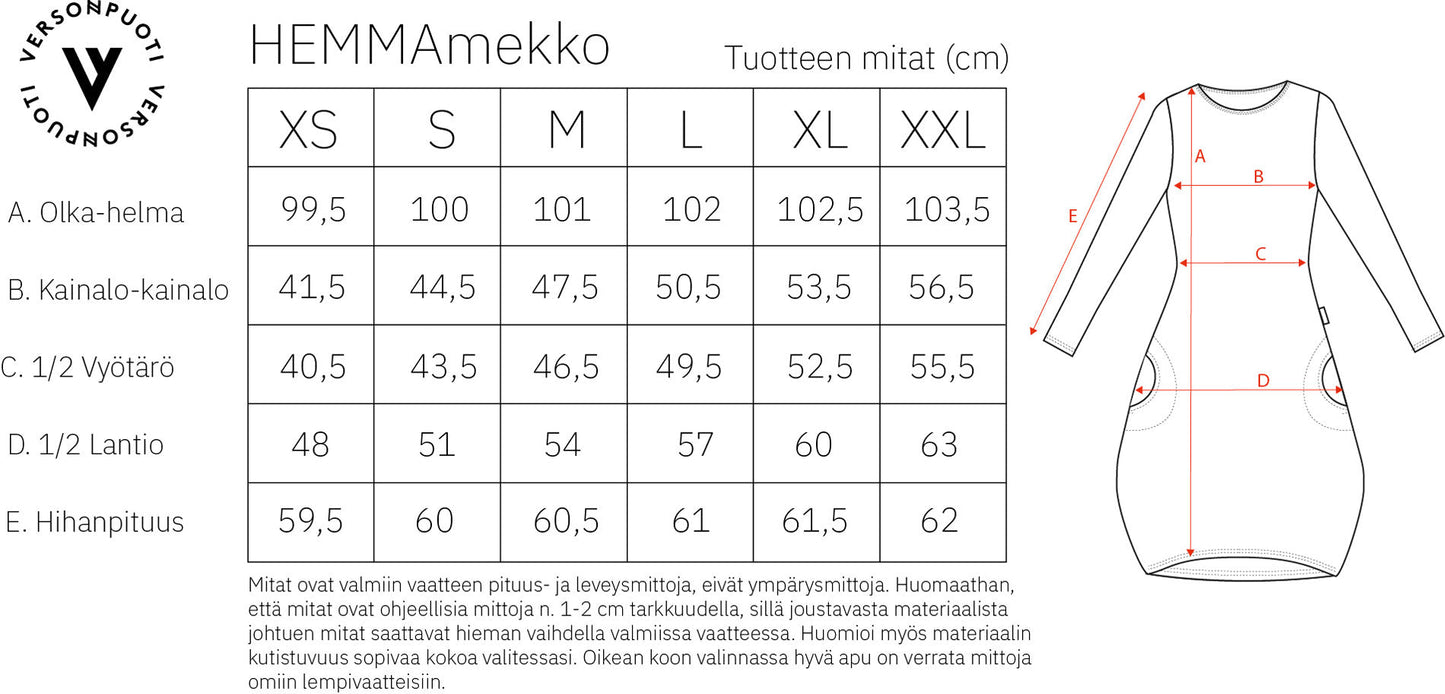 Versonpuodin Hemma-mekko mittataulukko