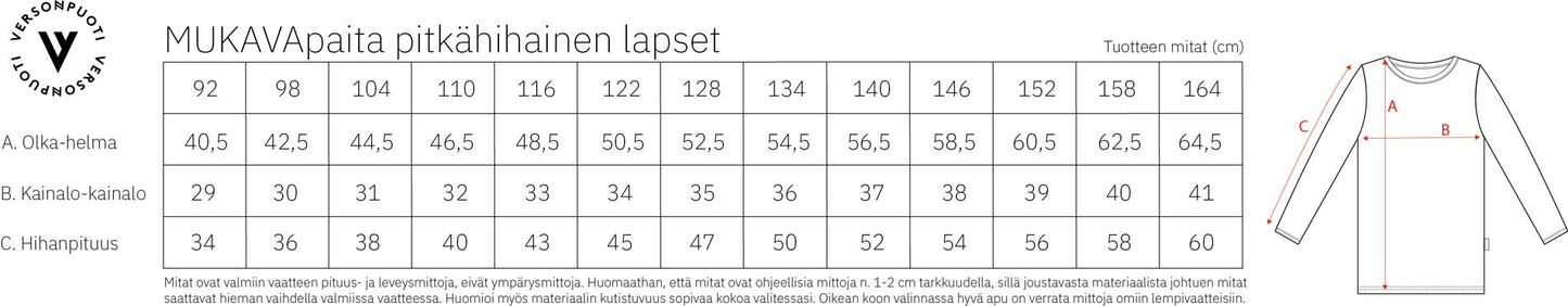 Versonpuoti Mukava-paita mittataulukko