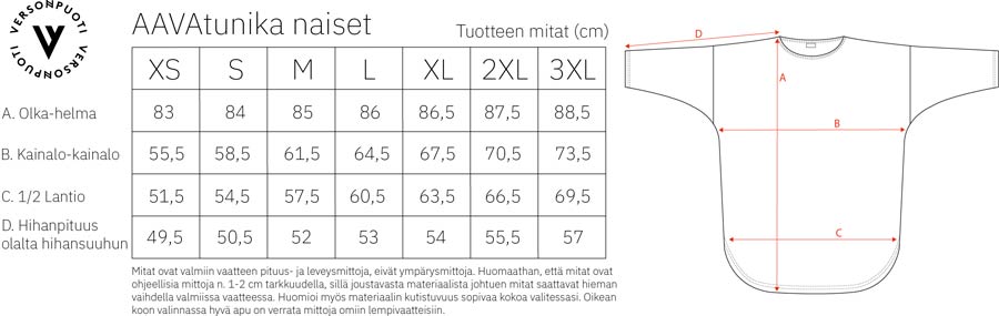 Versonpuodin aava-tunika mittataulukko