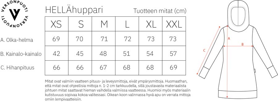 Hellä-hupparin mittataulukko