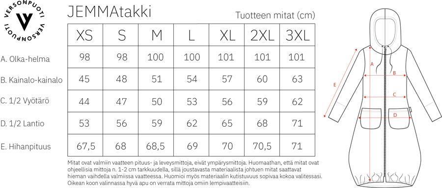 Versonpuodin Jemma-takki mittataulukko