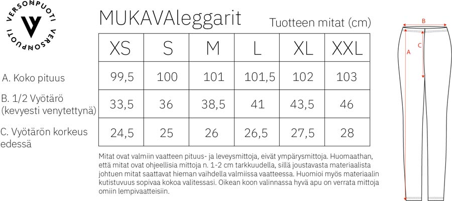 Versonpuodin Mukavaleggarit mittataulukko naisille