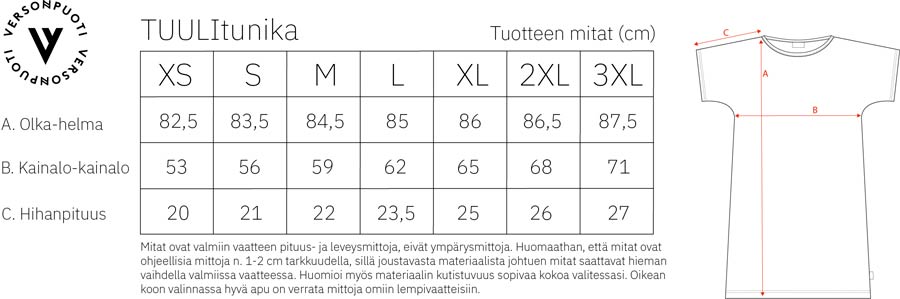 Versonpuodin Tuuli-tunika t-paidan mittataulukko