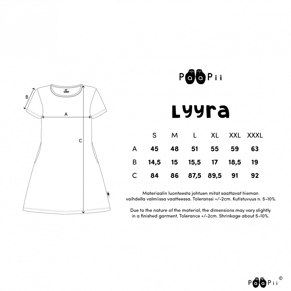 PaaPii Design Lyyra-tunika mittataulukko