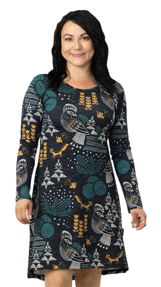 Versonpuodin Anna-mekko okran ja petroolin värisellä sielulintu kuosilla