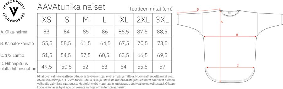 Versonpuoti Aava-tunika mittataulukko