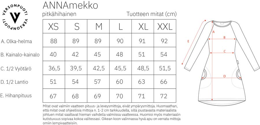 Pitkähihaisen Versonpuodin Annamekon mittataulukko