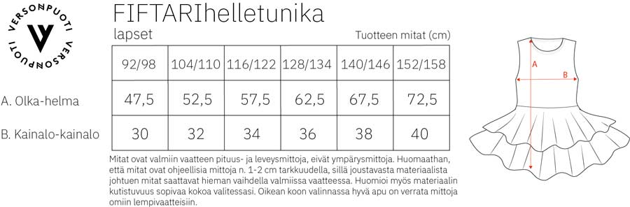 Fiftarihelletunika lapset mittataulukko