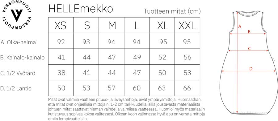 Versonpuodin Helletunikan mittataulukko