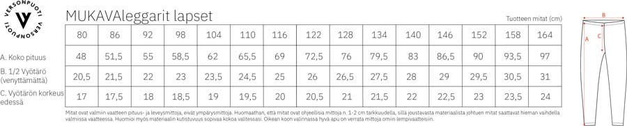 Mukava leggarit lapset mittataulukko