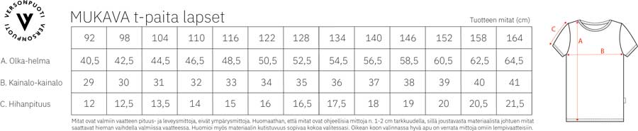 Mukava t-paita lapset mittataulukko