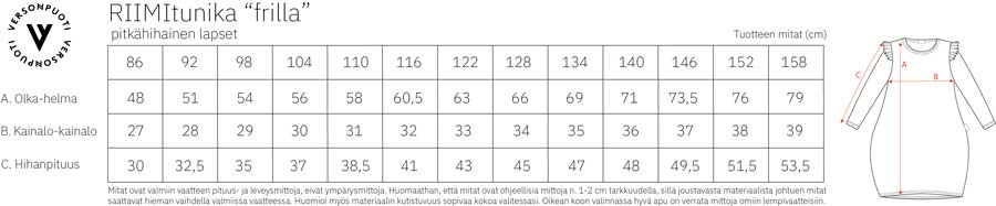 Versonpuodin Riimitunika frillahihoilla mittataulukko