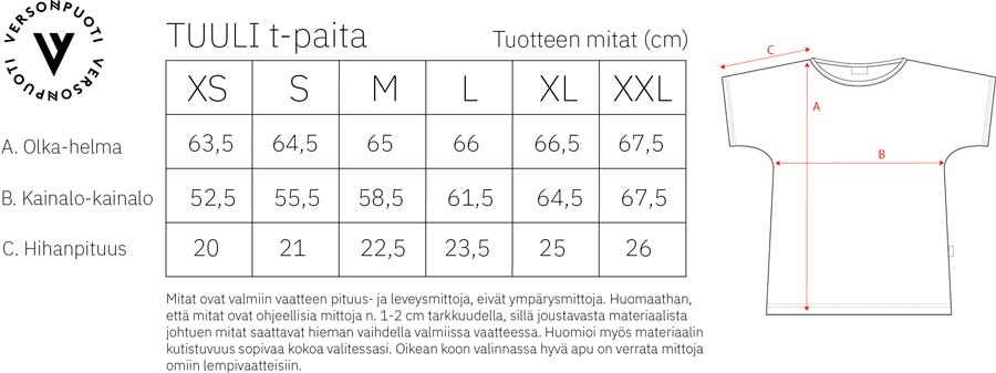 Versonpuoti Tuuli t-paita naisille mittataulukko
