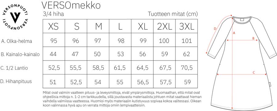 Versomekko mittataulukko