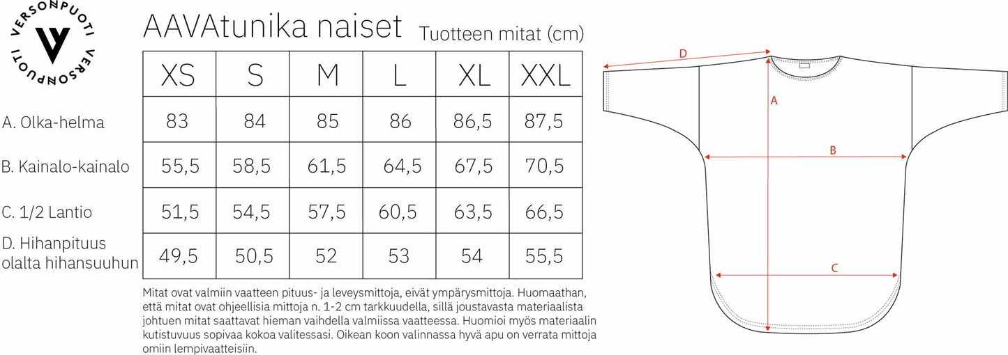 Versonpuoti Aava-tunika mittataulukko