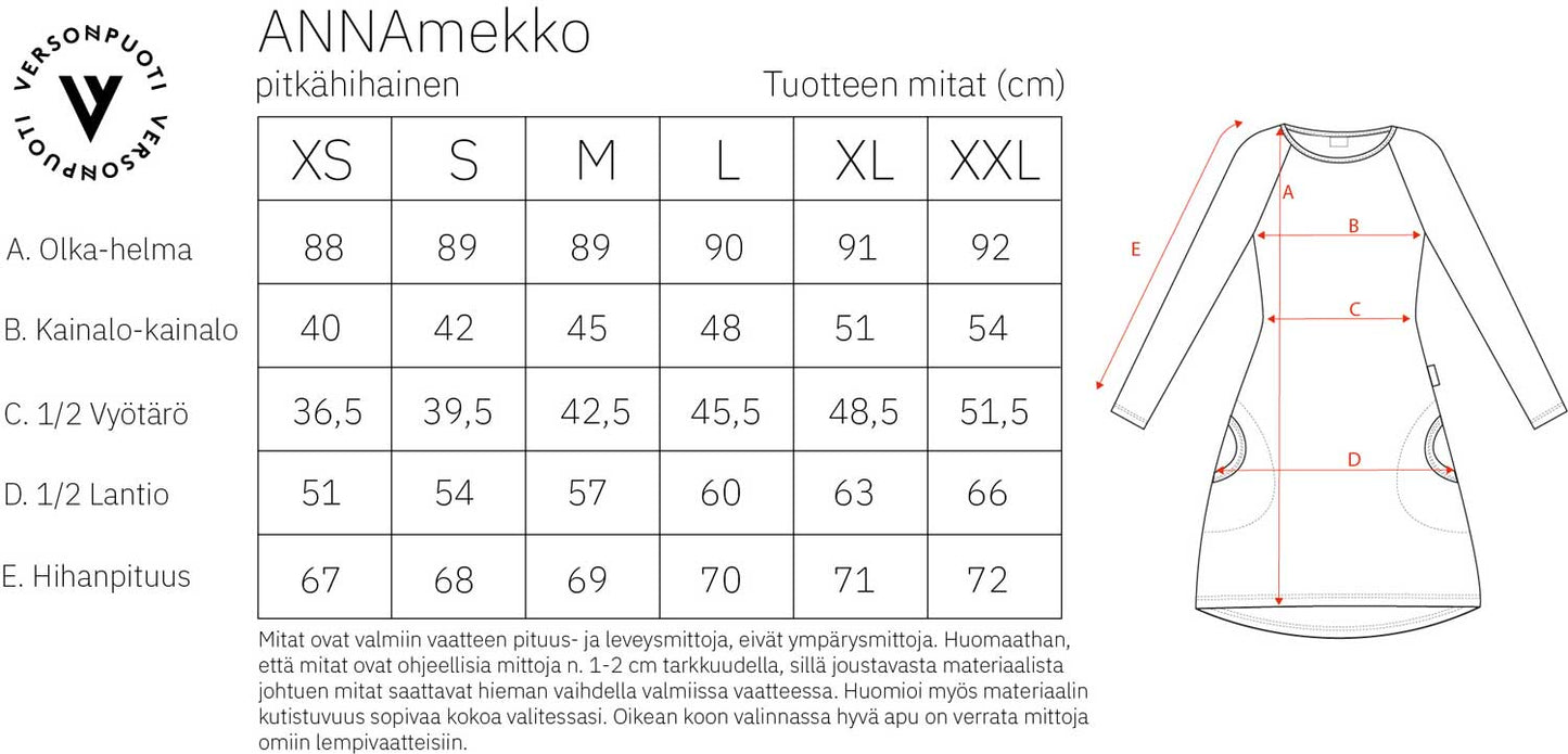 Verson Puoti Annamekko mittataulukko/kokotaulukko
