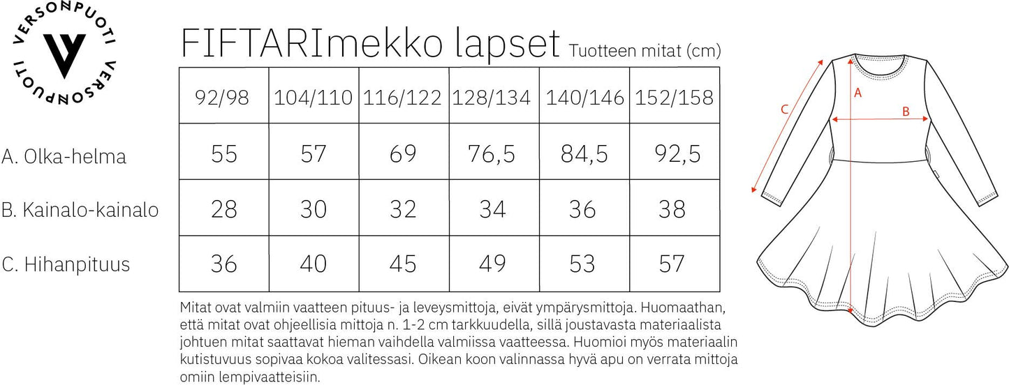 Verson Puoti Fiftari-mekko lapset koko/mittataulukko