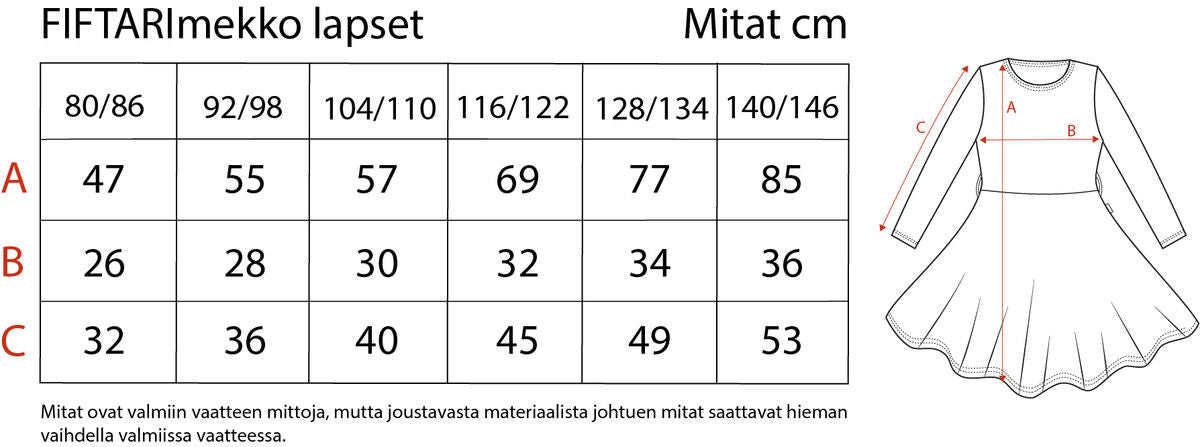 Verson Puodin Fifatarimekko kokotaulukko