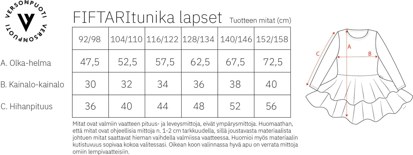 Versonpuodin fiftaritunika lapsille vaatteen mittataulukko
