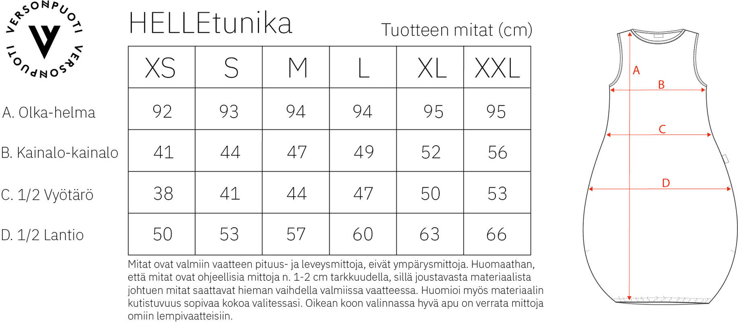 Versonpuoti Helle-tunika mittataulukko
