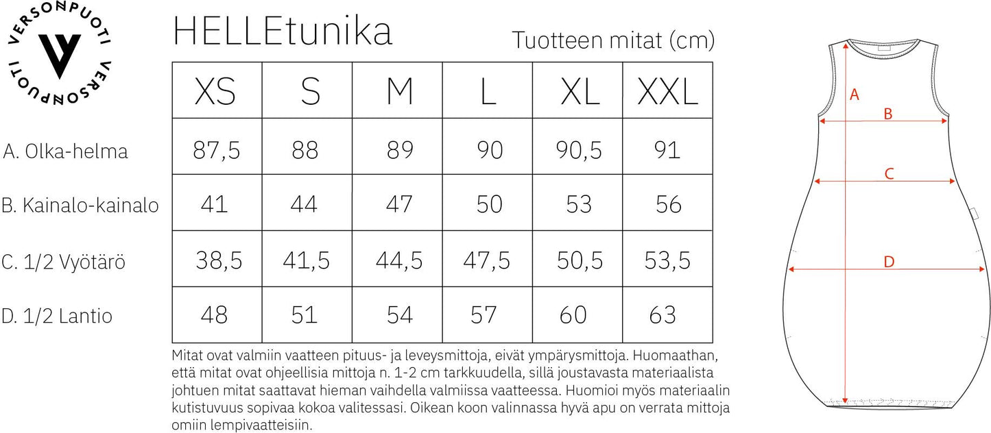 Verson Puoti Helletunika mittataulukko/kokotaulukko