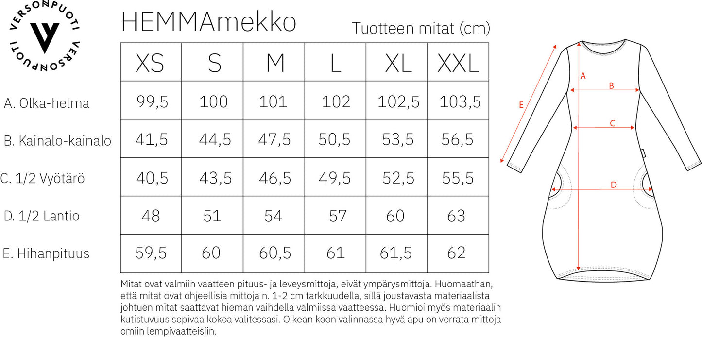 Versonpuodin Hemma-mekko mittataulukko
