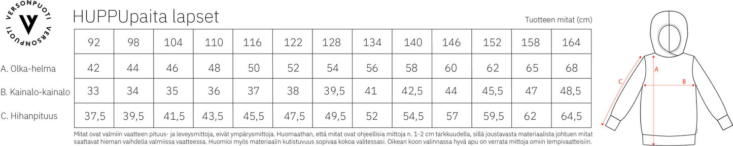 Versonpuoti Huppupaita mittataulukko