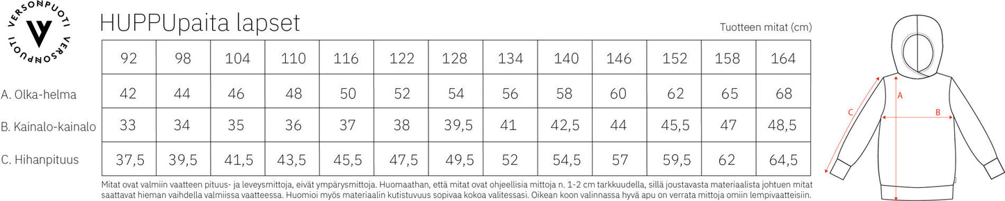 Versonpuoti Huppupaita mittataulukko