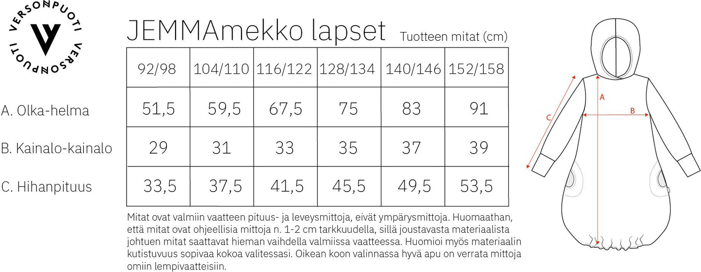 Verson Puoti Jemmamekko lapset kokotaulukko/mittataulukko