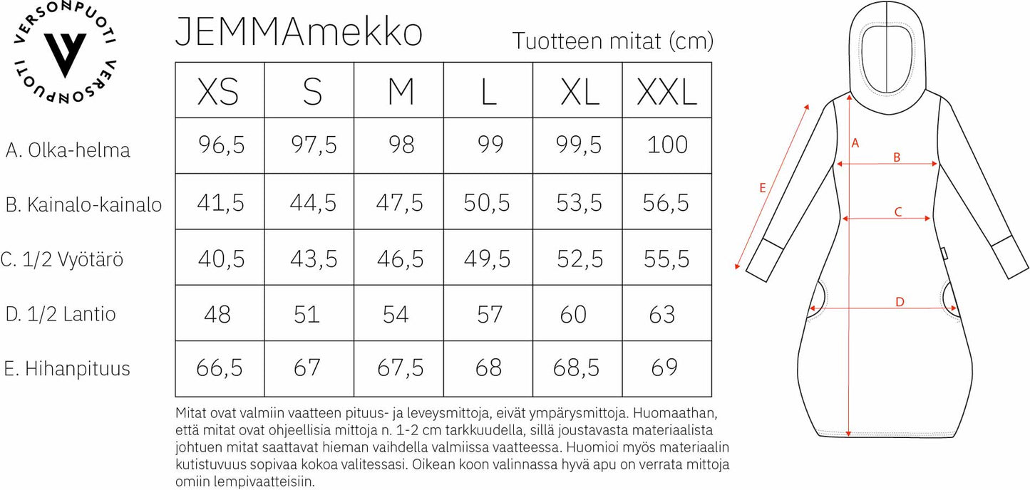 Versonpuoti mittataulukko Jemma-mekko naisille