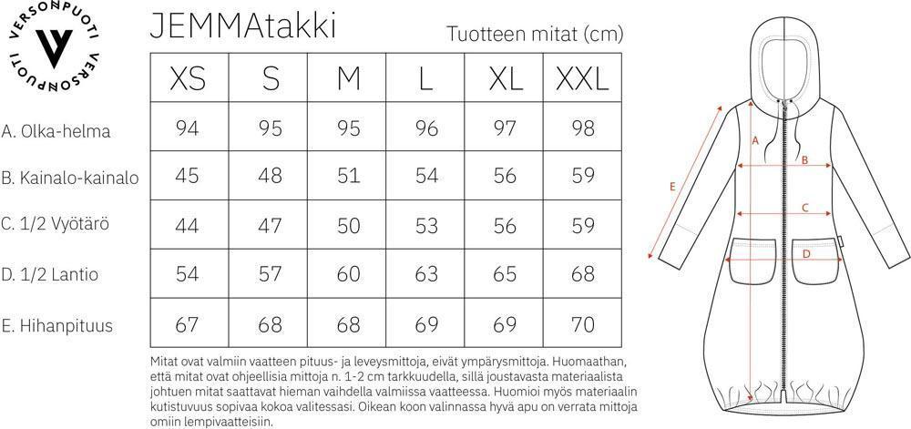 Verson Puoti Jemma-takki kokotaulukko/mittataulukko