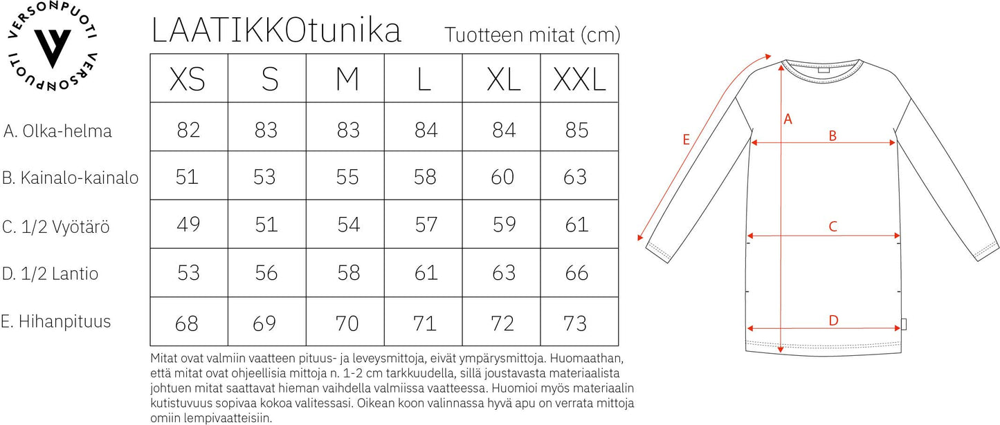 Verson Puoti laatikkotunika mittataulukko