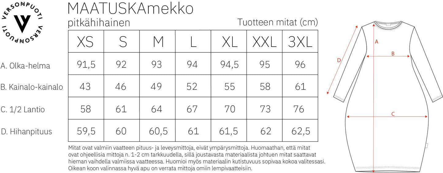 Verson Puoti Maatuskamekko kokotaulukko/mittataulukko
