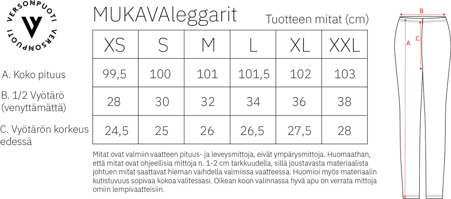 Versonpuodin mukava leggins mittataulukko