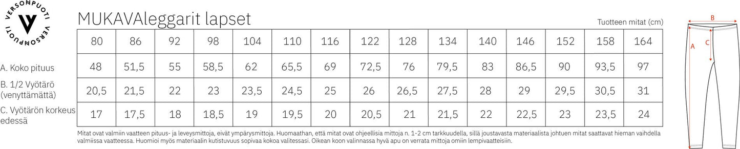 Versonpuoti Mukava-leggingsit lapsille mittataulukko