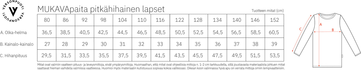 Verson Puoti Mukavapaita kokotaulukko/mittataulukko