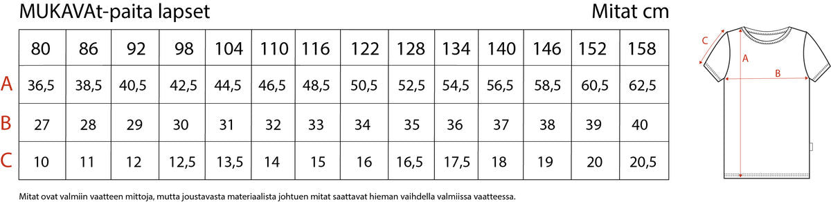 Mukava t-paita kokotaulukko Verson Puoti