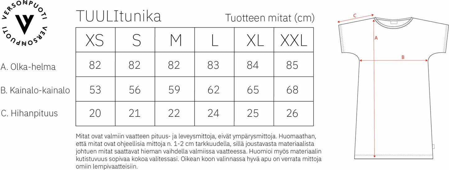 Versonpuoti Tuuli-tunika mittataulukko