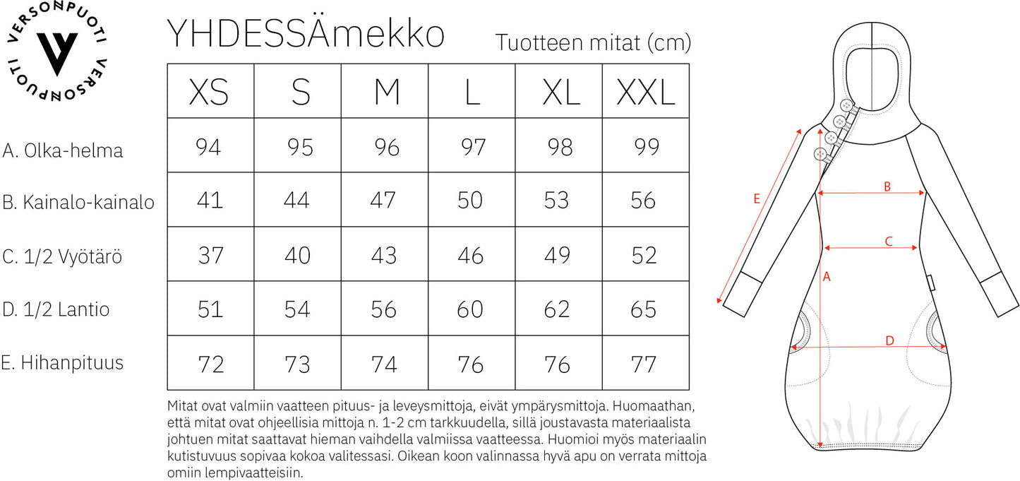 Versonpuoti Yhdessä-mekko mittataulukko