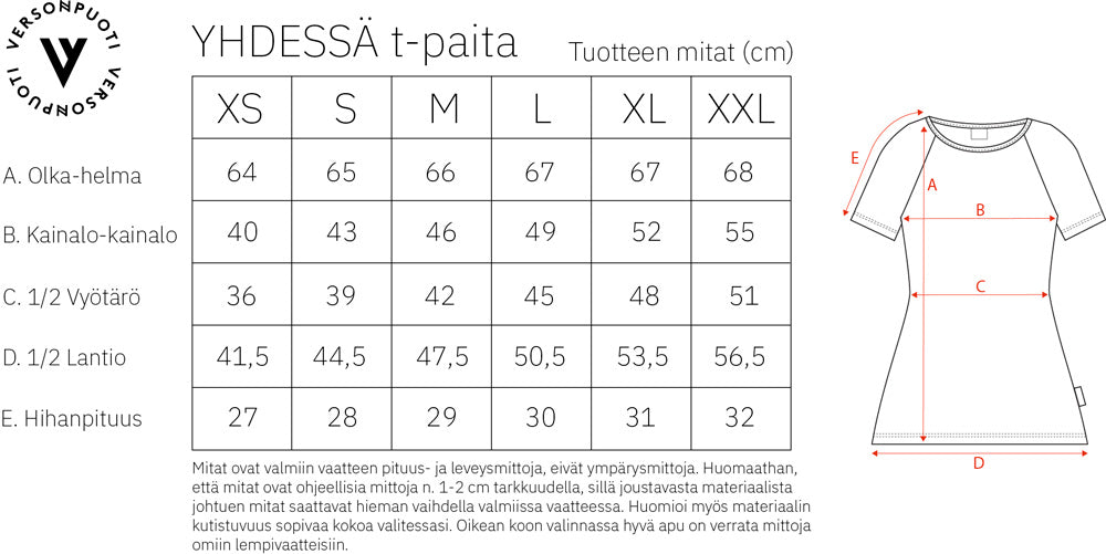 Mittataulukko yhdessä t-paita naisille