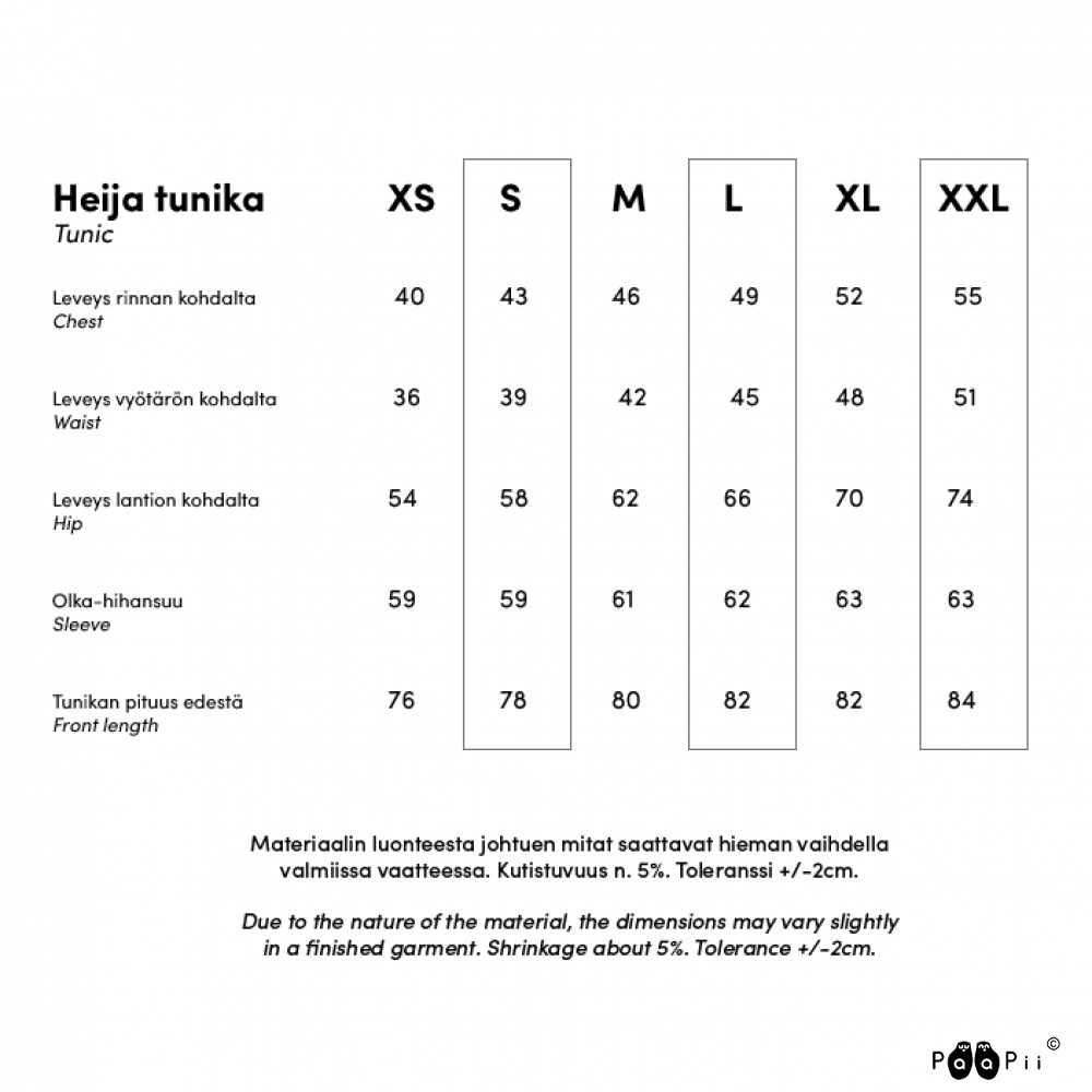 Heija-tunikan mittataulukko