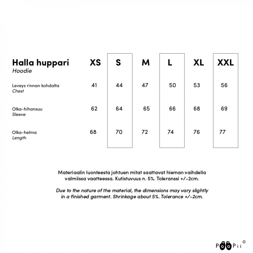 PaaPii Halla-huppari mittataulukko