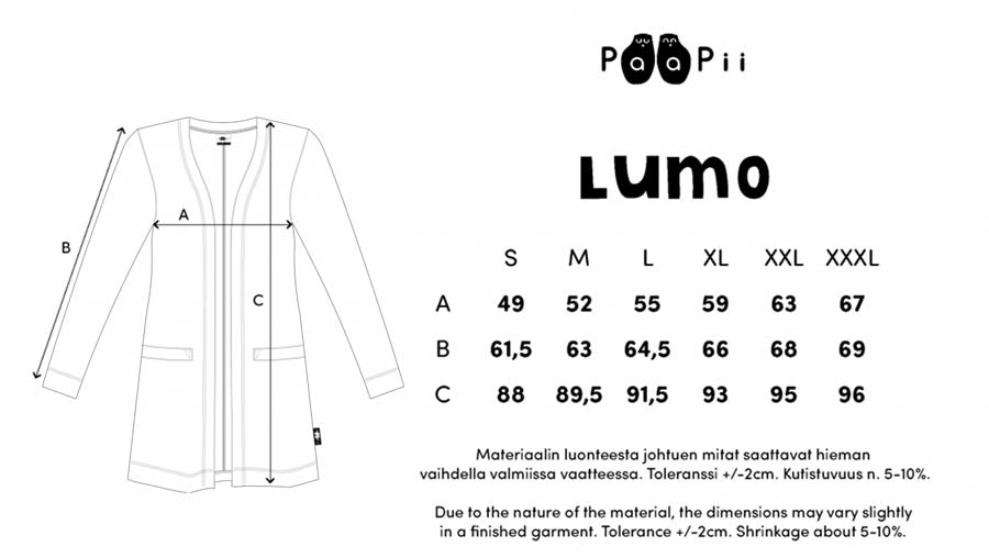 PaaPii Lumo-neuletakki mittataulukko