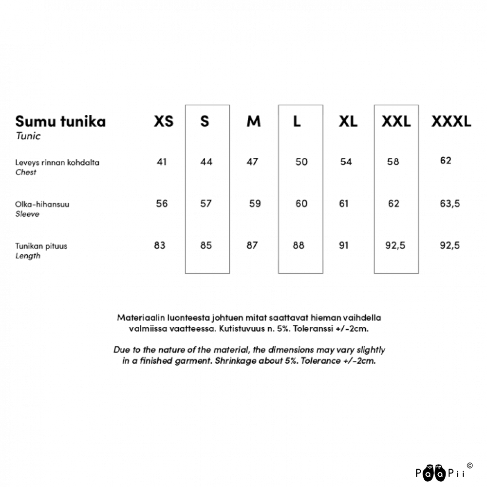 PaaPii Sumu-tunika mittataulukko