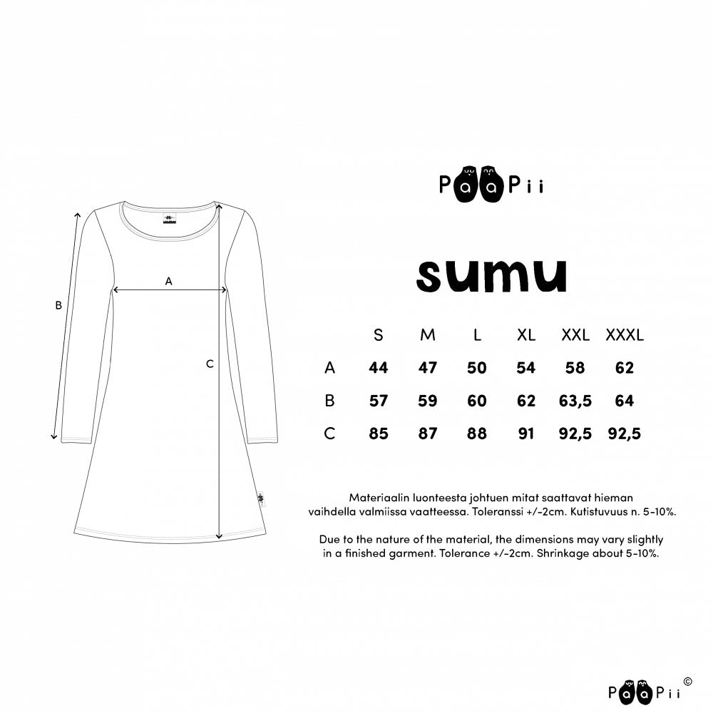 PaaPii Design Sumu tunika kokotaulukko/mittataulukko
