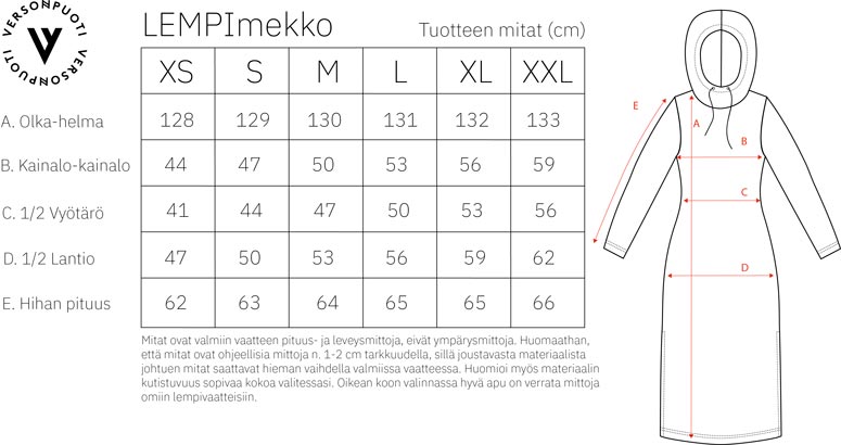 Versonpuoti lempimekko mittataulukko