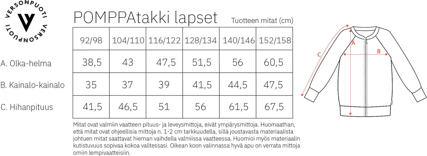 Versonpuoti Pomppatakki mittataulukko