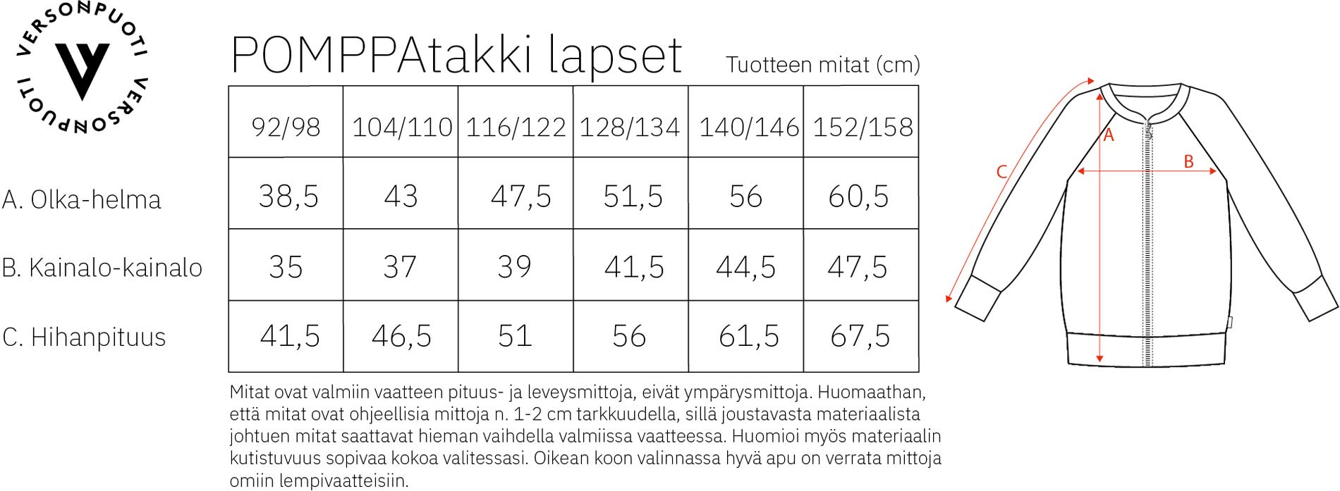Versonpuoti Pomppatakki mittataulukko